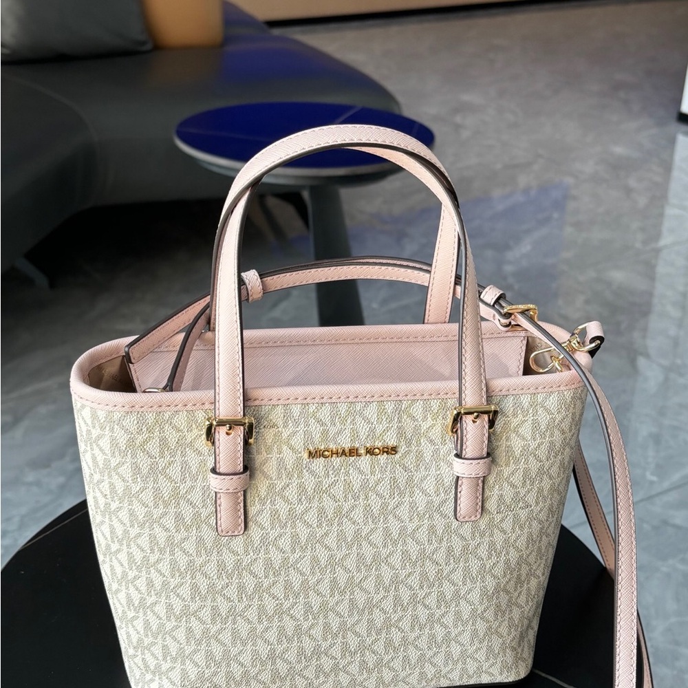 Michael Kors Cream and Pink Satchel with Gold-Tone Hardware